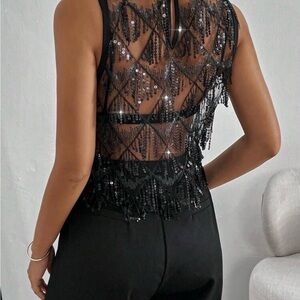 Black Sequin Fringe Top
